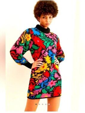 Farm Rio Multicolored Tropical Garden Mock Neck Sweater Dress Size M